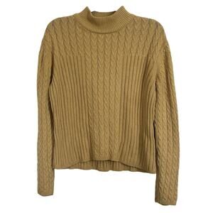 VTG Fisherman Cable Knit Wool Blend Boxy Mock Neck Sweater Size Large Yellow